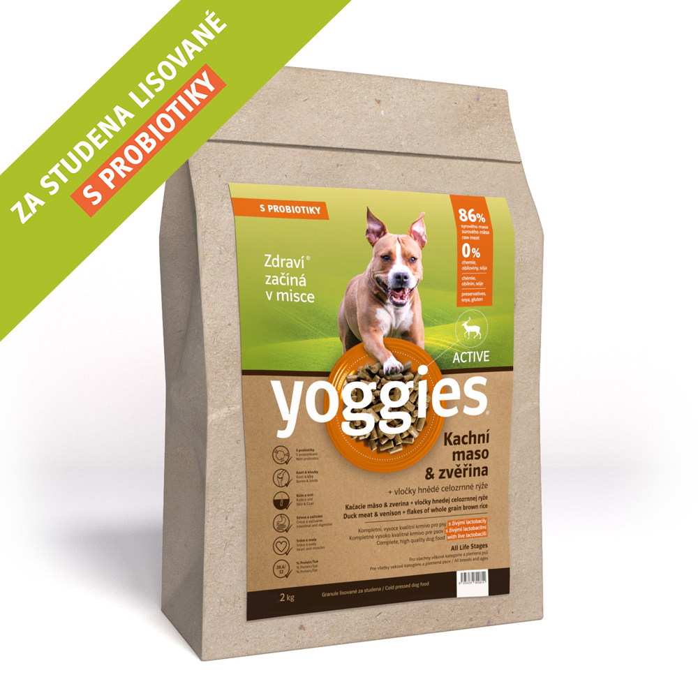 2kg Yoggies Active Kachní maso&zvěřina, granule lisované za studena s probiotiky
