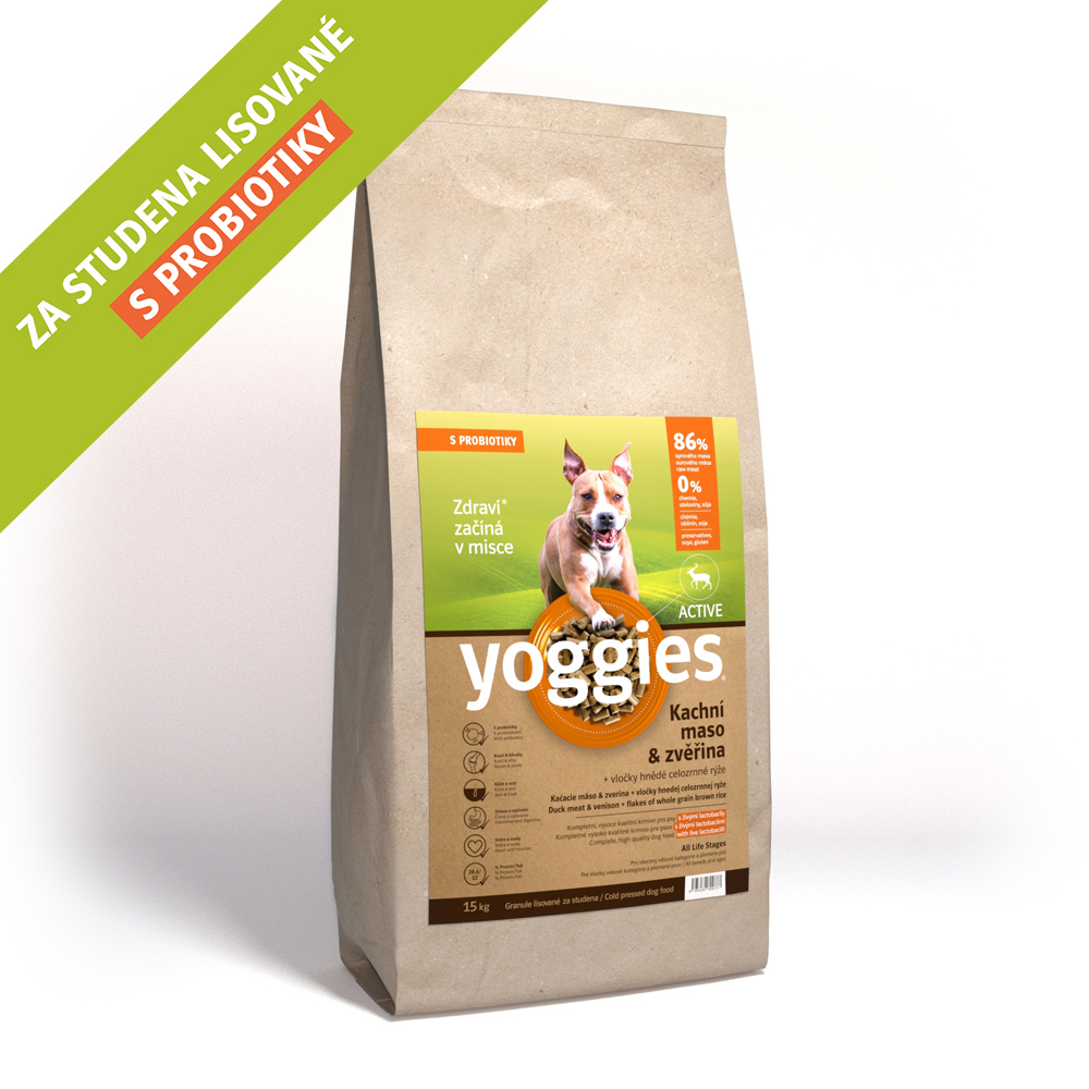 15kg Yoggies Active Kachní maso&zvěřina, granule lisované za studena s probiotiky