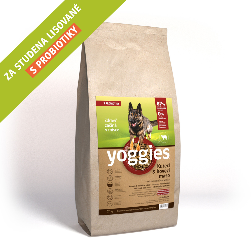 20kg Yoggies Kuřecí&hovězí maso, granule lisované za studena s probiotiky