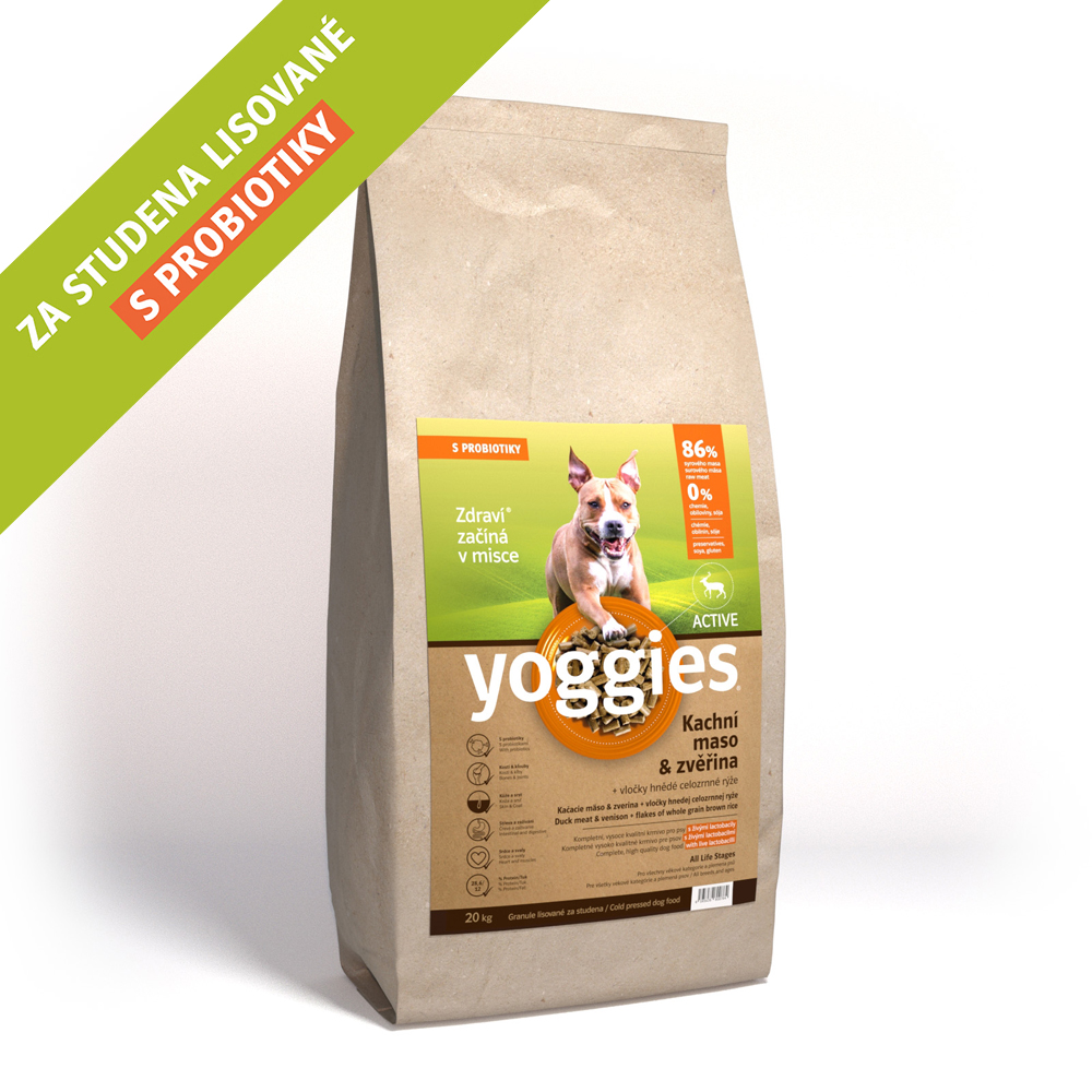 20kg Yoggies Active Kachní maso&zvěřina, granule lisované za studena s probiotiky