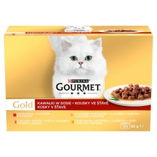 Gourmet Gold cat hovězí/ krůta s kachnou/losos s kuřetem/kuře s játry ve šťávě Multipack 12 x 85 g