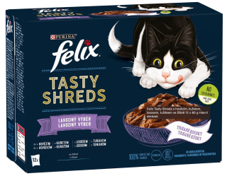 Felix Tasty Shreds hovězí kuře losos tuňák ve šťávě 12 x 80 g